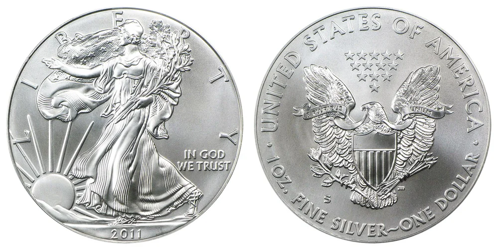 2011-S burnished Silver Eagle 25th Anniversary variety showing S mint mark and satin finish