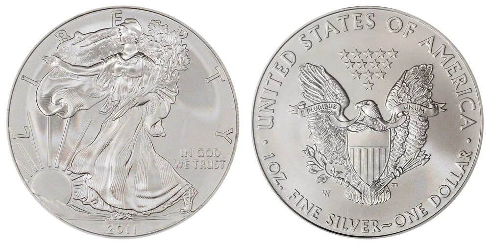 2011-W Burnished Uncirculated Silver Eagle showing W mint mark and satin surface
