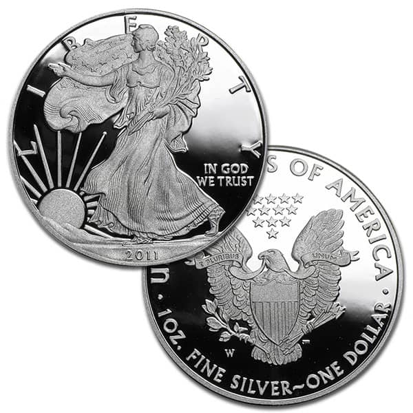 2011 Silver Eagle grading strip showing four condition tiers from worn to gem MS70